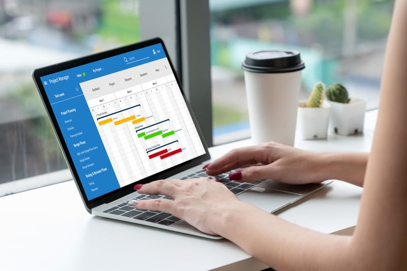 Una persona trabaja en una laptop frente a una ventana, mostrando un diagrama de Gantt en pantalla donde se detallan las fases de diseño y pruebas de usabilidad de un proyecto de software.
